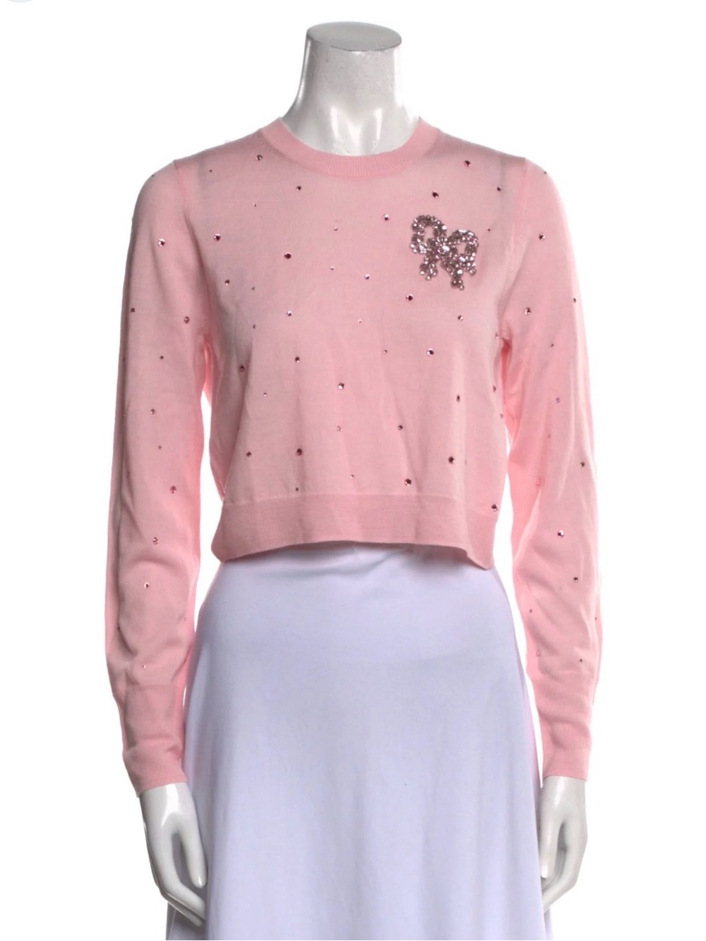 LoveShackFancy Pink Beaded Cropped Sweater and Cream Skater Skirt